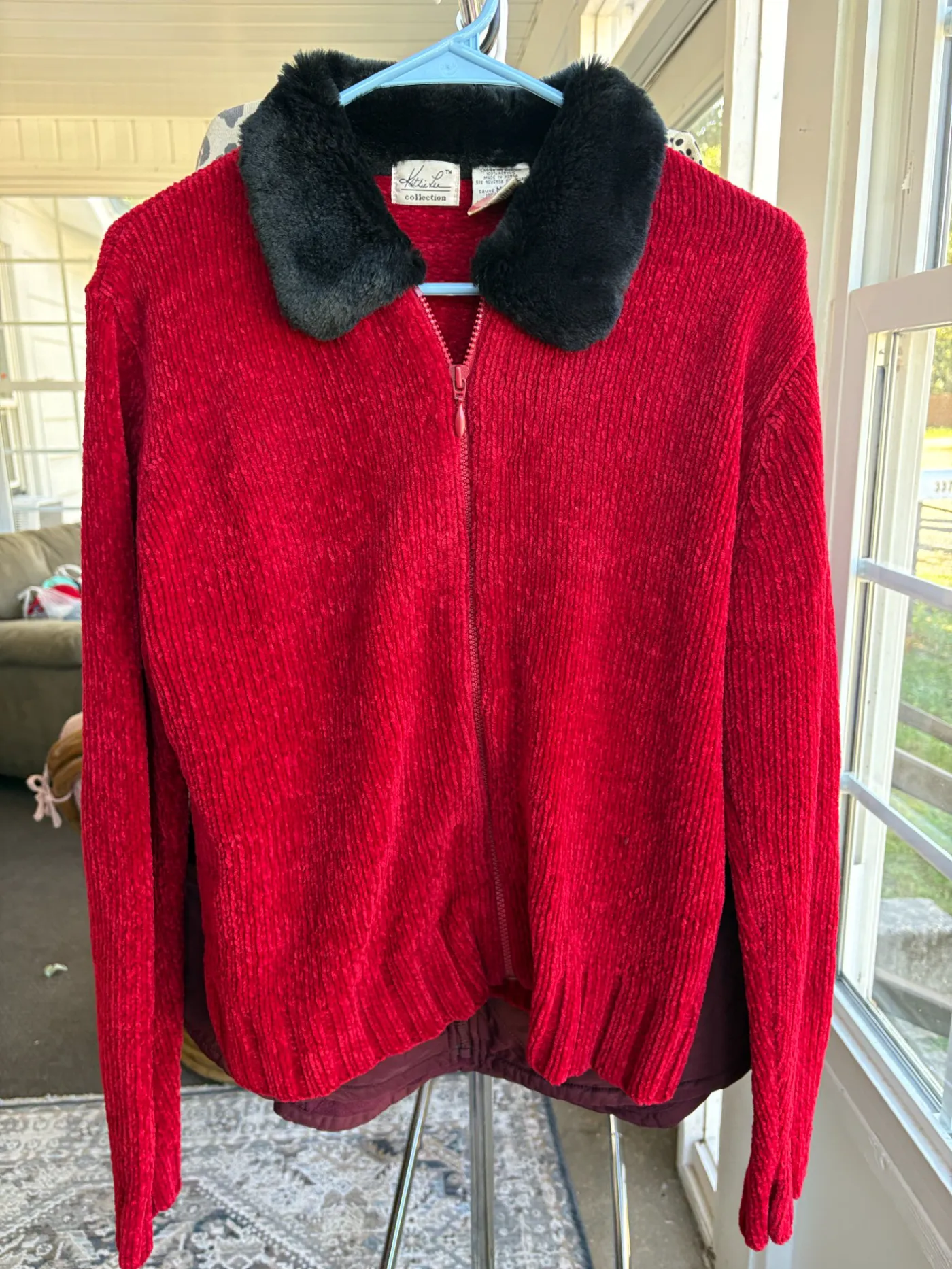 Red Knit Zipper Sweater with Black Fuzzy Collar