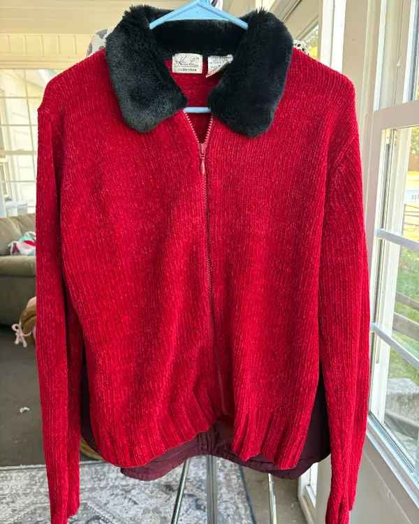 Red Knit Zipper Sweater with Black Fuzzy Collar