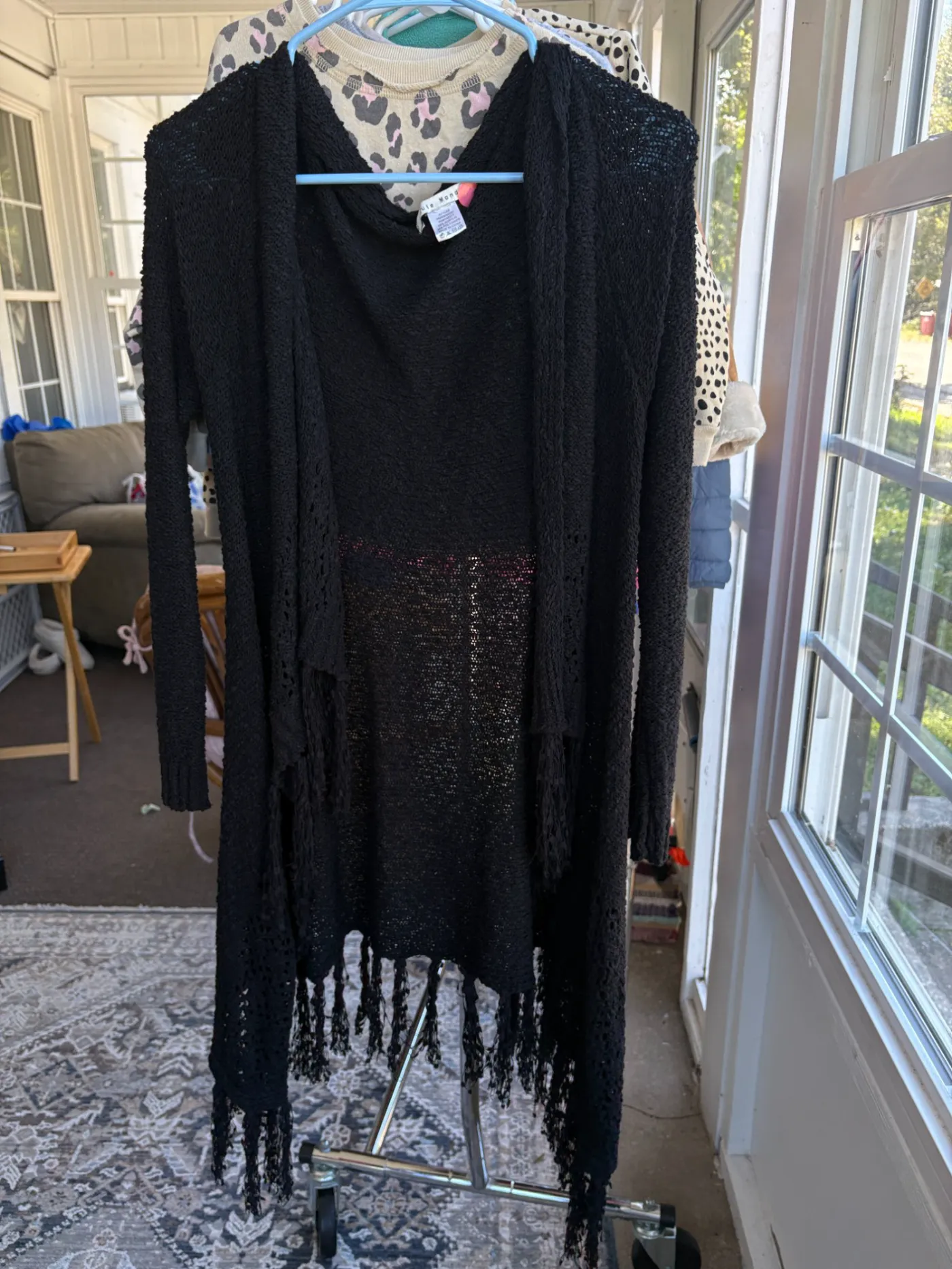 Black Open-Front Knit Fringe Cardigan