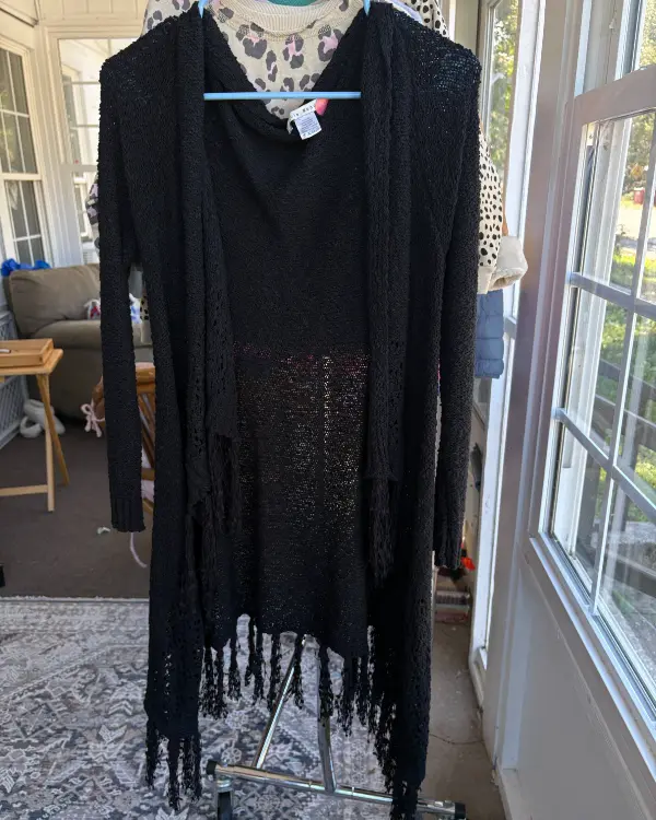 Black Open-Front Knit Fringe Cardigan